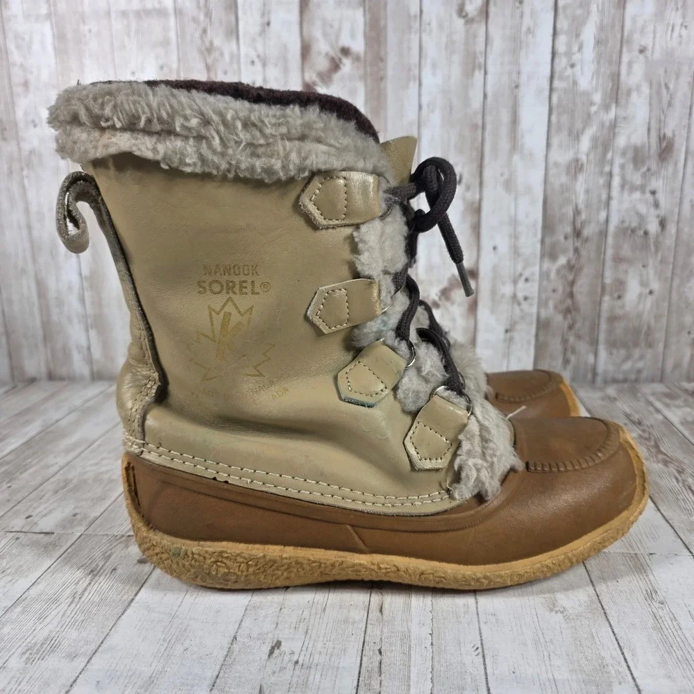Vintage‎ Sorel Nanook Women Tan Brown Leather Faux Fur Trim Snow Boots Canada